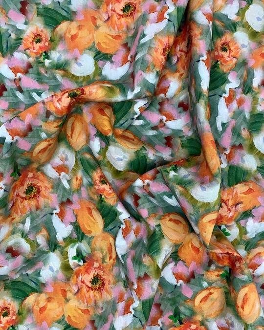 Коттон принт, цветы оранж/зеленый на белом DGT