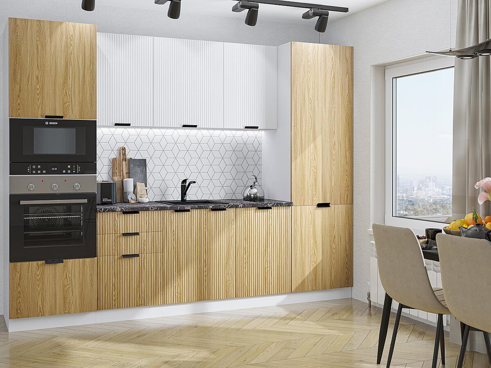 Прямая модульная кухня Евро Лайн-01 Белый/Дуб песочный - Белый 2140*2800*600