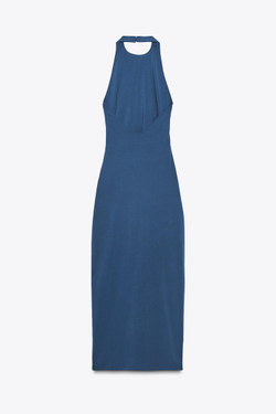 ZARA ПЛАТЬЕ ХАЛТЕР СО СБОРКАМИ, МОРСКОЙ СИНИЙ