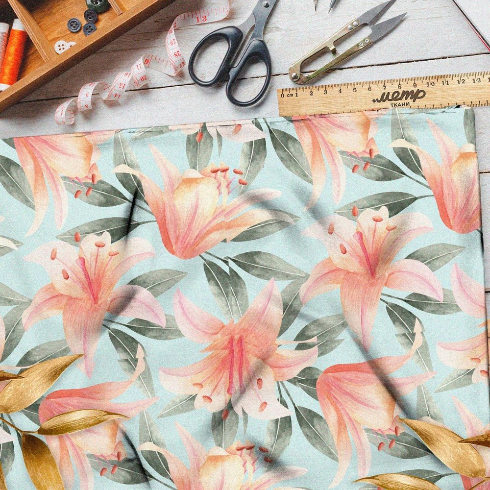Ткань габардин лилия-монстера