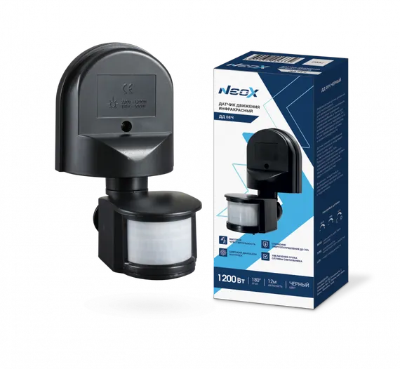 Датчик движения инфракрасный ДД 08Ч 1200Вт 180 гр.12м IP44 черный NEOX