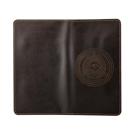 Фото функционального кошелька Всевидящее Око из темно-коричневой кожи, вид сзади.