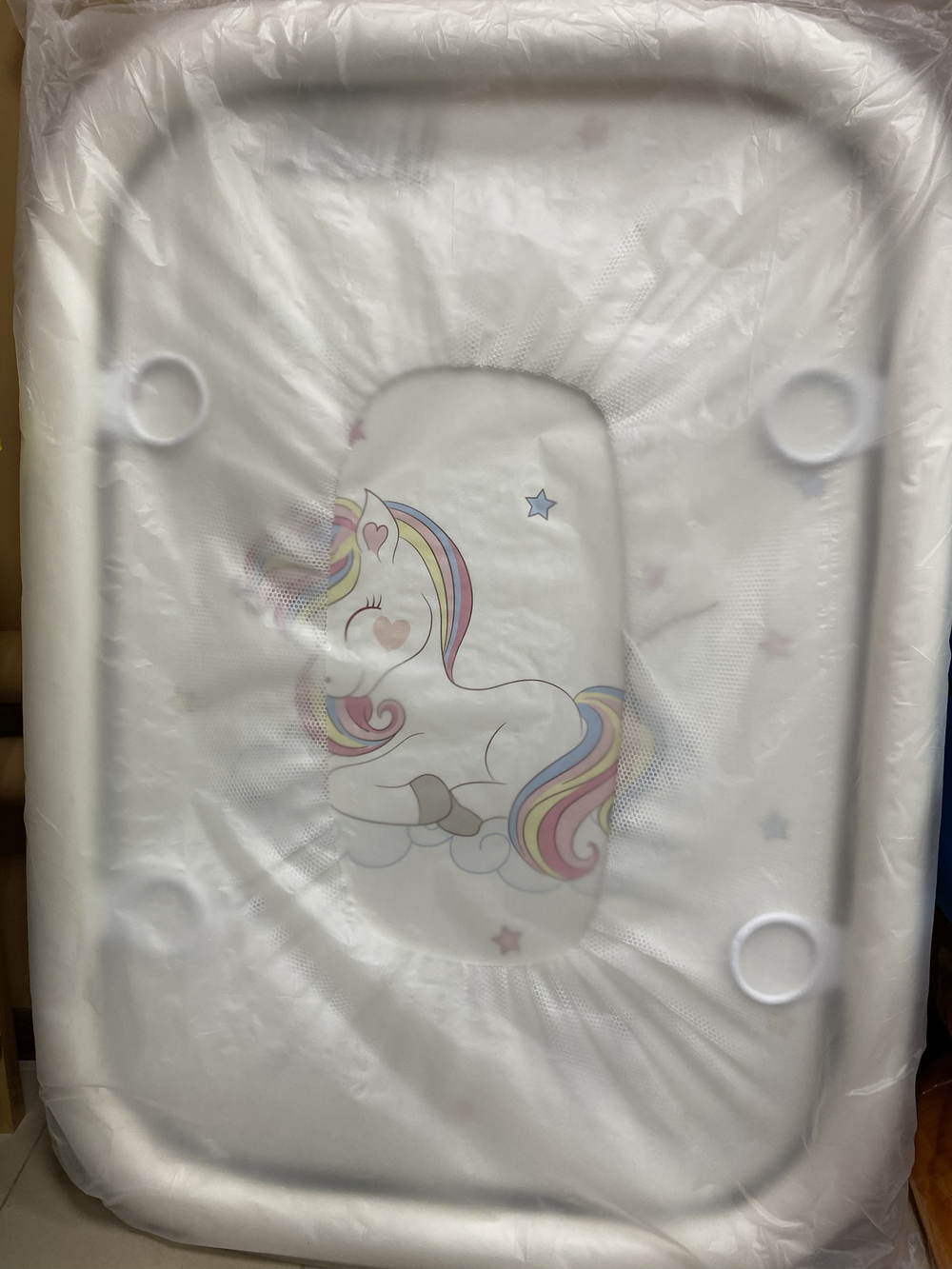 Манеж детский прямоугольный классик белый с принтом единорожка, 4 кольца , размеры (80 см шир.*78см выс.*111см длина)