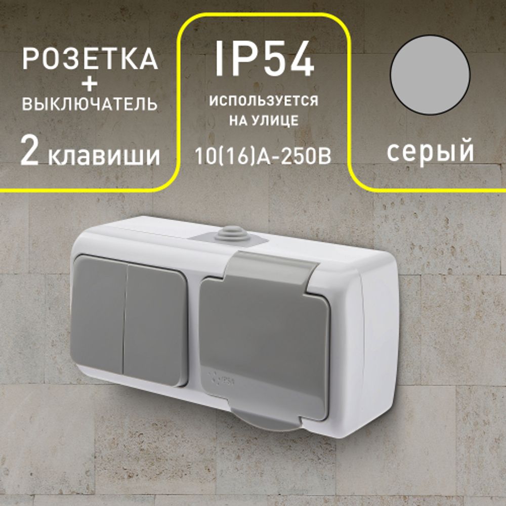 Блок розетка с выключателем Intro Atlantic 5-702-03 двойным 2P+E 10-16А-250В открытой установки гориз. IP54 серый | Intro
