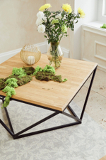 Стол журнальный Детлиф из дуба, 100х100х45 см, с металлическим подстольем, в стиле лофт