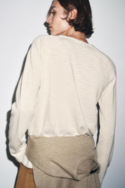 ZARA ХЛОПКОВАЯ ФУТБОЛКА РЕГЛАН, ПЕСОЧНЫЙ МЕЛАНЖ