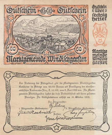 Австрия 60 геллеров 1920 Виндишгарстен aUNC