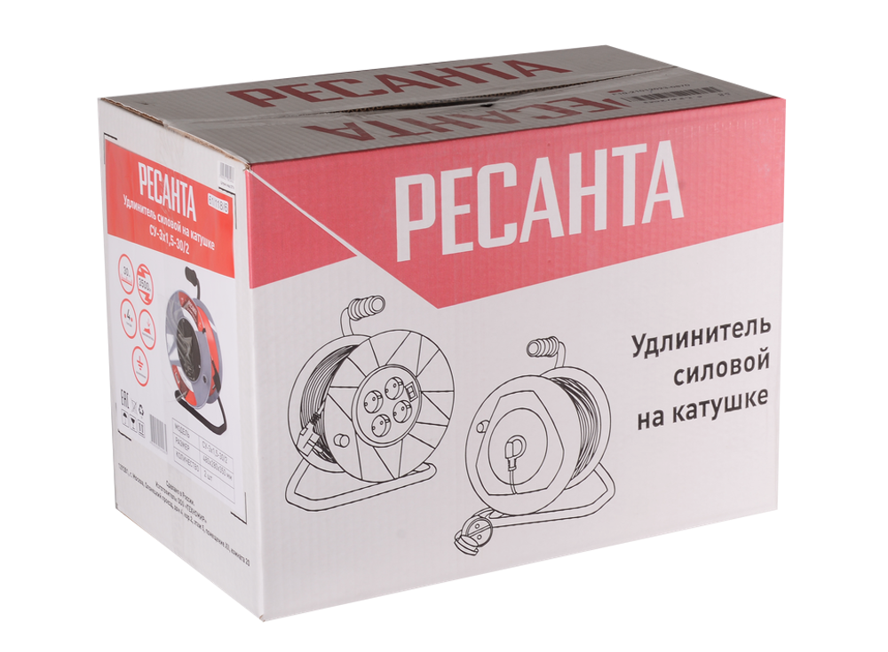 Удлинитель силовой на катушке Ресанта СУ-3х1,5-30/2 (с выкл., 4 розетки)