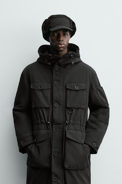 ZARA УТЕПЛЕННАЯ ТЕХНИЧЕСКАЯ ПАРКА WATER REPELLENT, ЧЕРНЫЙ