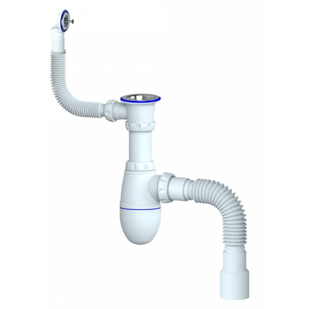 Сифон UNICORN В423 для мойки с выпуском 1 1/2 (d40),винт 6*40 кругл. перелив, с отводом 40*40/50