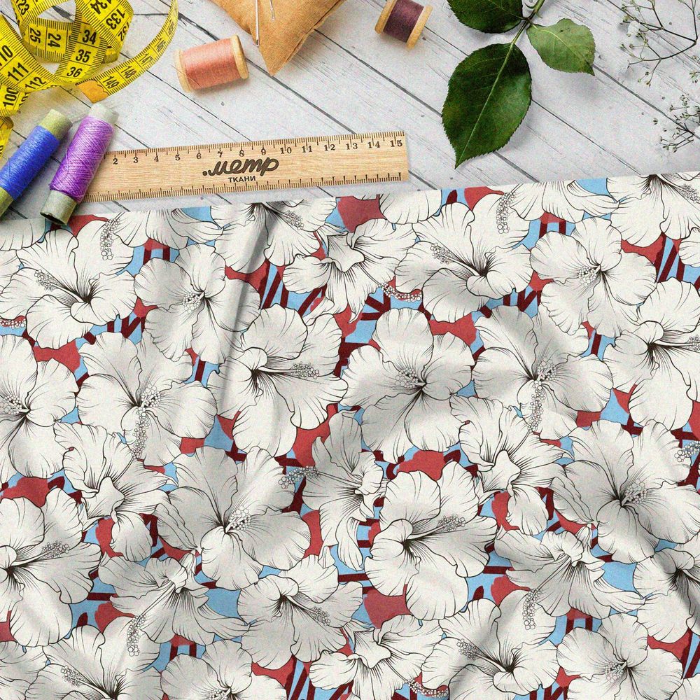 Ткань сатин белые пышные цветы на голубом фоне