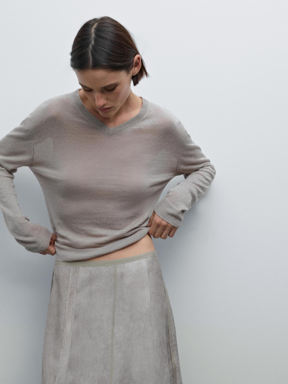 Massimo Dutti Юбка миди с отделкой стежками, серый