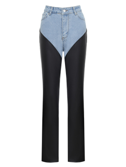 Джинсы прямого кроя с кожаными вставками