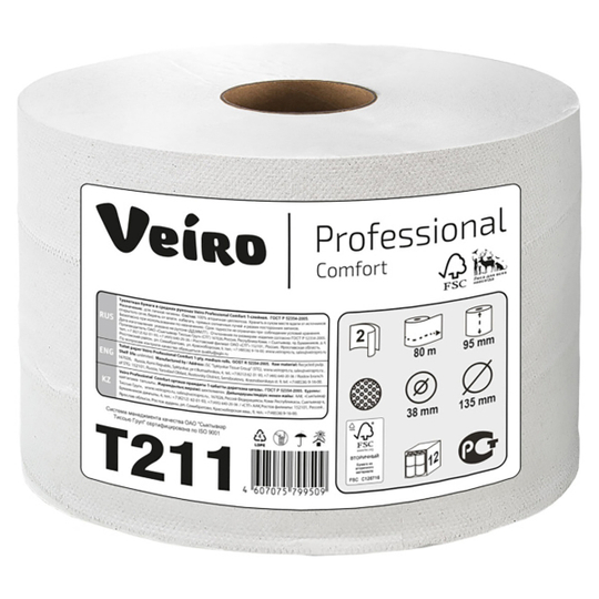 Туалетная бумага в рулонах Veiro Professional Comfort белая двухслойная (12 рулонов по 80 м)
