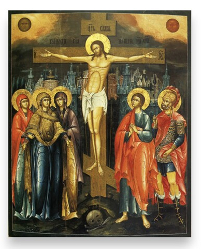 Распятие Иисуса Христа с предстоящими (Голгофа) деревянная икона на левкасе