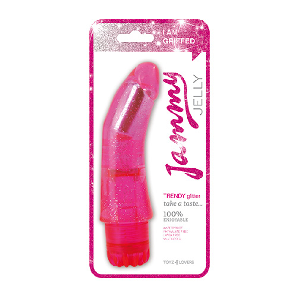 Розовый вибратор с загнутым кончиком VIBRATOR JAMMY JELLY TRENDY GLITTER - 20,5 см. (Цвет: розовый)