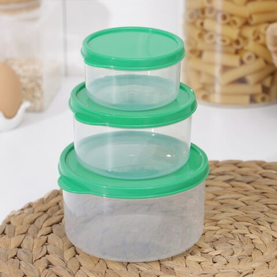 Набор из 3 пищевых круглых контейнеров с зелеными крышками (Цвет: не задано)