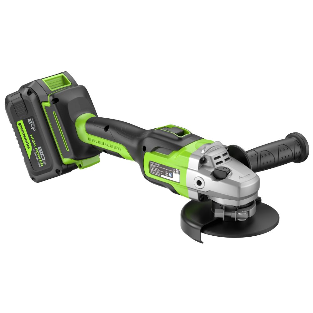 Угловая шлифовальная машина акк. Greenworks GD24AG, 24V, б/щет, 125 мм, 10500 об/мин,1x8Ач,ЗУ,кор (3200207CUH)