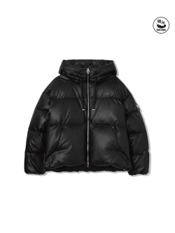 Пуховик из эко-кожи с капюшоном