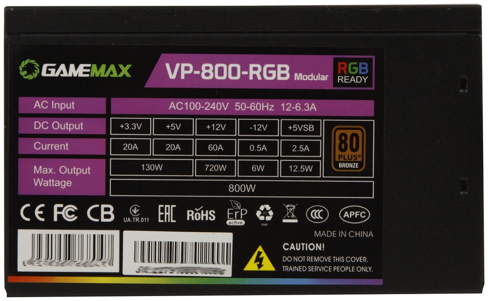 Блок питания Game Max VP-800-RGB Modular 800 Вт