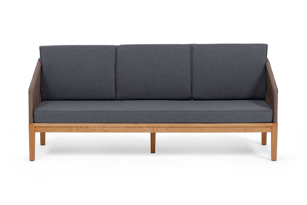 "Канны" диван 3-местный плетеный из роупа, основание дуб, роуп коричневый круглый, ткань темно-серая 027