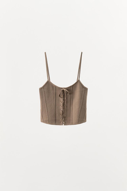 ZARA ТРИКОТАЖНЫЙ КОРСЕТ С ЗАВЯЗКАМИ, СЕРОВАТО-КОРИЧНЕВЫЙ