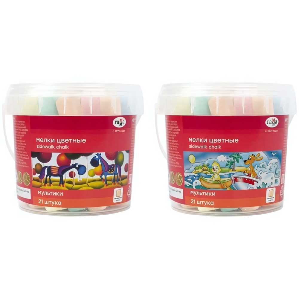 Мел для асфальта 7цв. 21шт. "Мультики" квадратные, пластиковое ведро (Гамма)