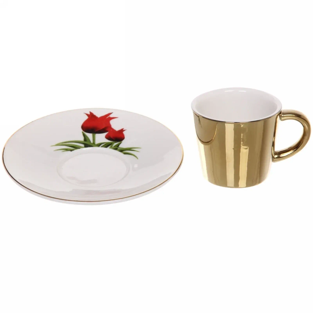 Кофейная пара (зеркальная кружка 90мл+блюдце) анаморфный дизайн «Тюльпаны»