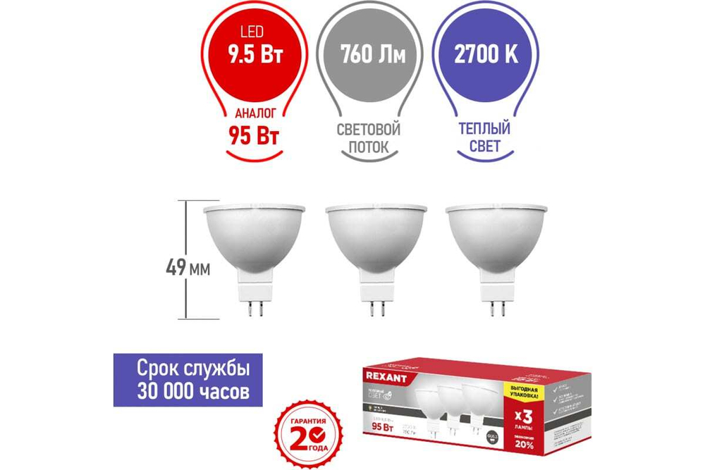 Светодиодная лампа REXANT 3 шт Рефлекторная 9.5 Вт GU5.3 2700 K нейтральный свет 604-051-3