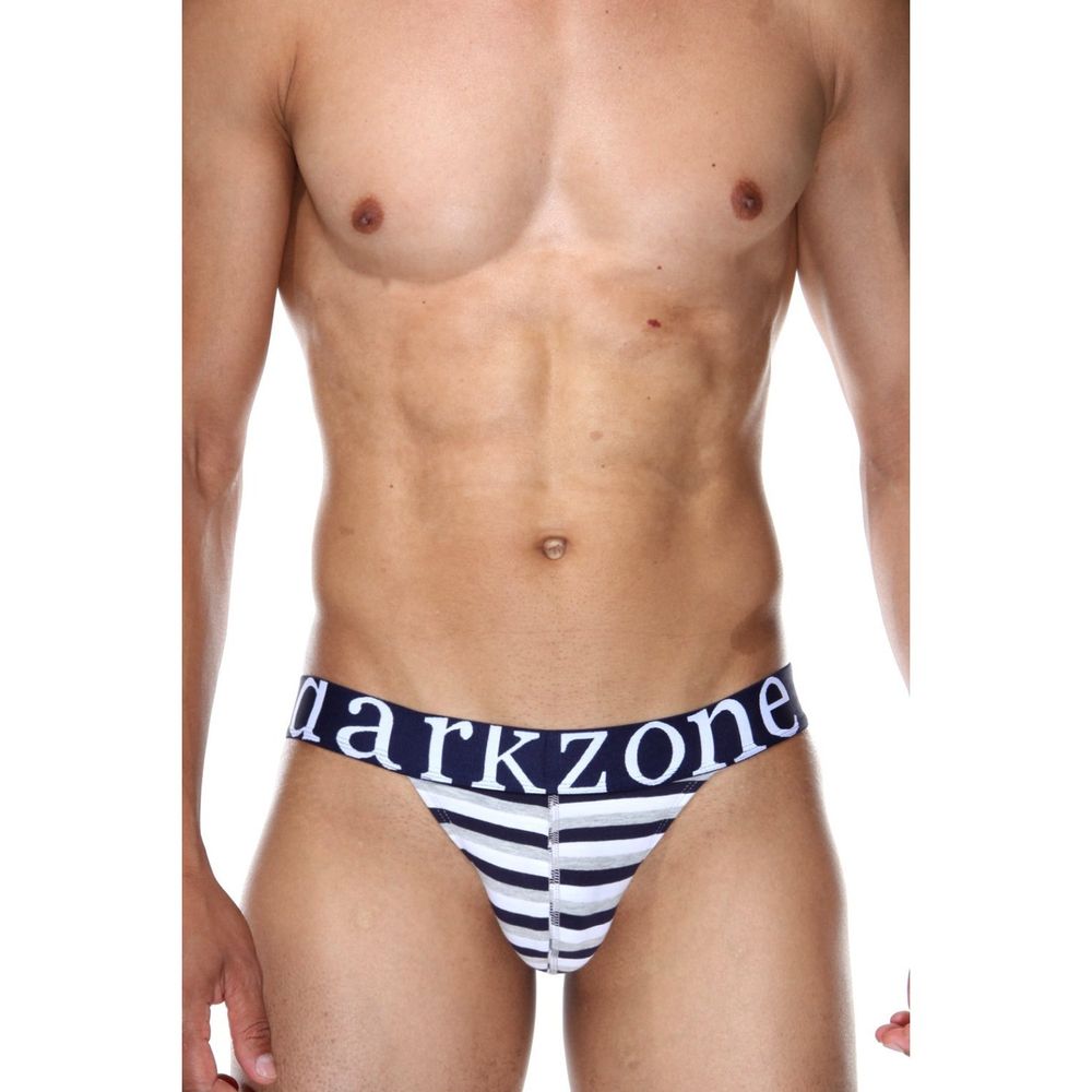 Мужские трусы танга белые в темно-синюю и серую полоску DARKZONE DZN6170