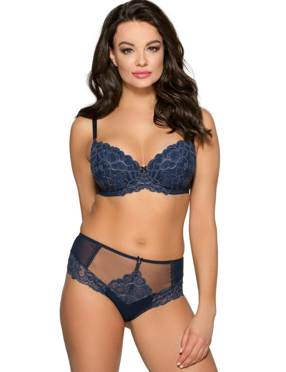 Бюстгальтер пуш-ап из кружевного полотна с люрексом (Размер: 65E) (Цвет: темно-синий)