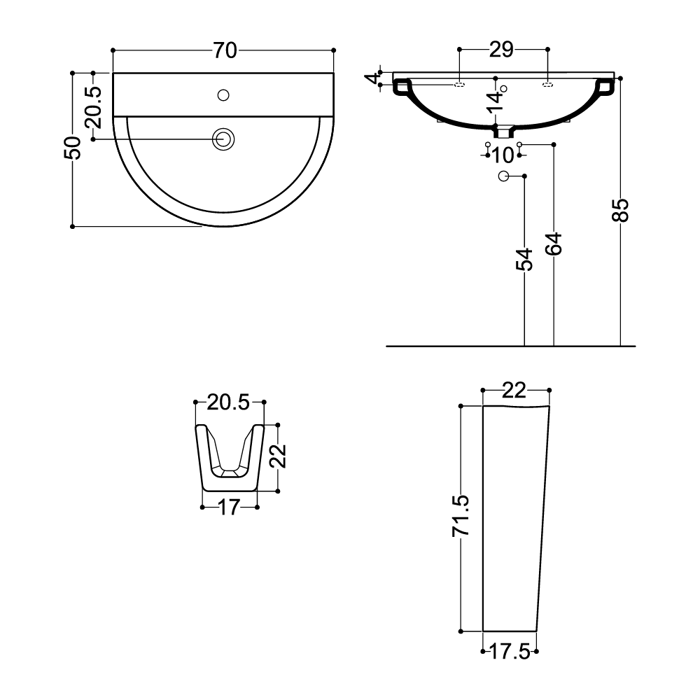 Раковина с пьедесталом AXA One 70 см, белая 1303001-1304001