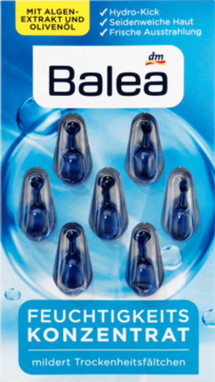 Balea Капсулы-концентрат для лица Konzentrat Feuchtigkeit, увлажняющие, с витамином Е, оливковым маслом, снимают сухость кожи, 7 шт * 2 мл