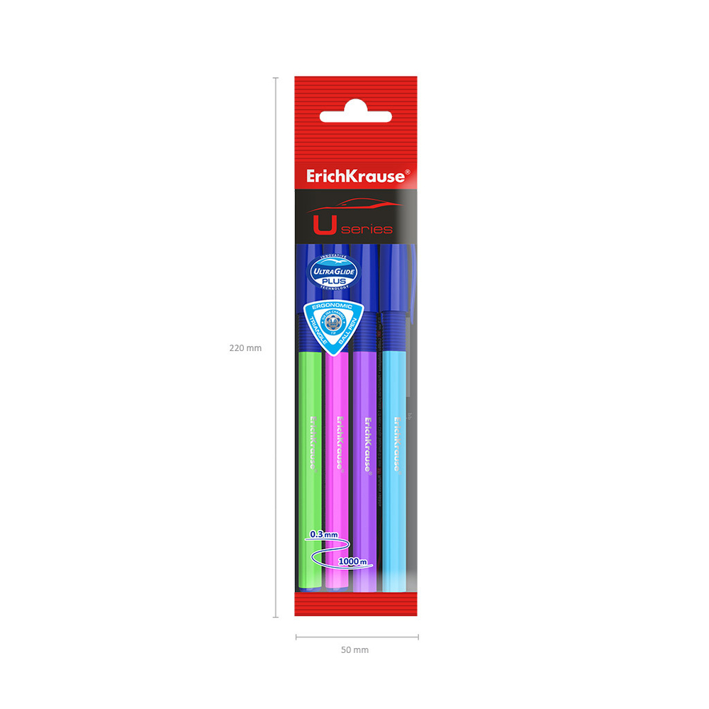 Набор из 4 ручек шариковых ErichKrause U-109 Stick&Grip Neon 1.0, Ultra Glide Technology, цвет чернил синий (в пакете)