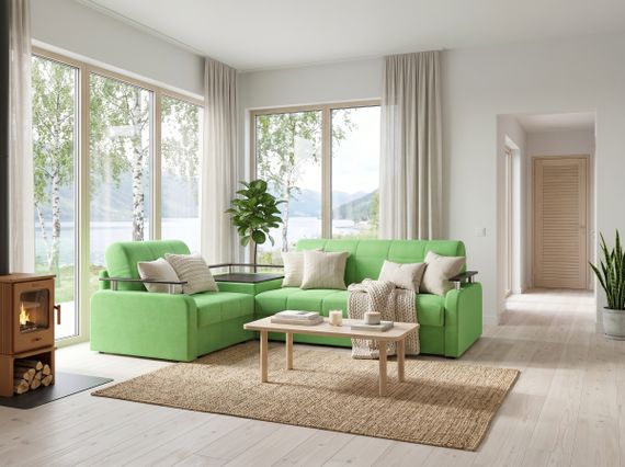 Диван угловой с Баром Денвер 1,8 - Velutto 31 зеленый/  коричневая накладка