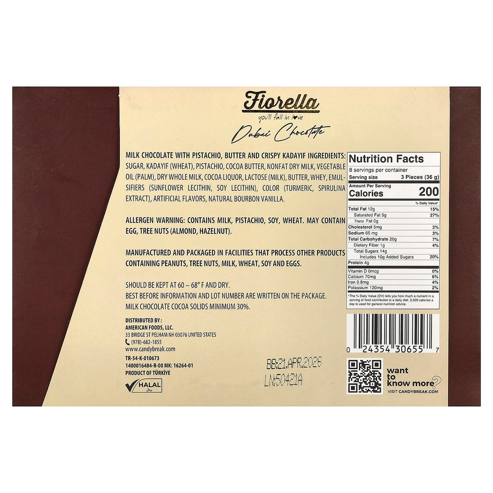 Fiorella, дубайский шоколад, 288 г (10,15 унции)
