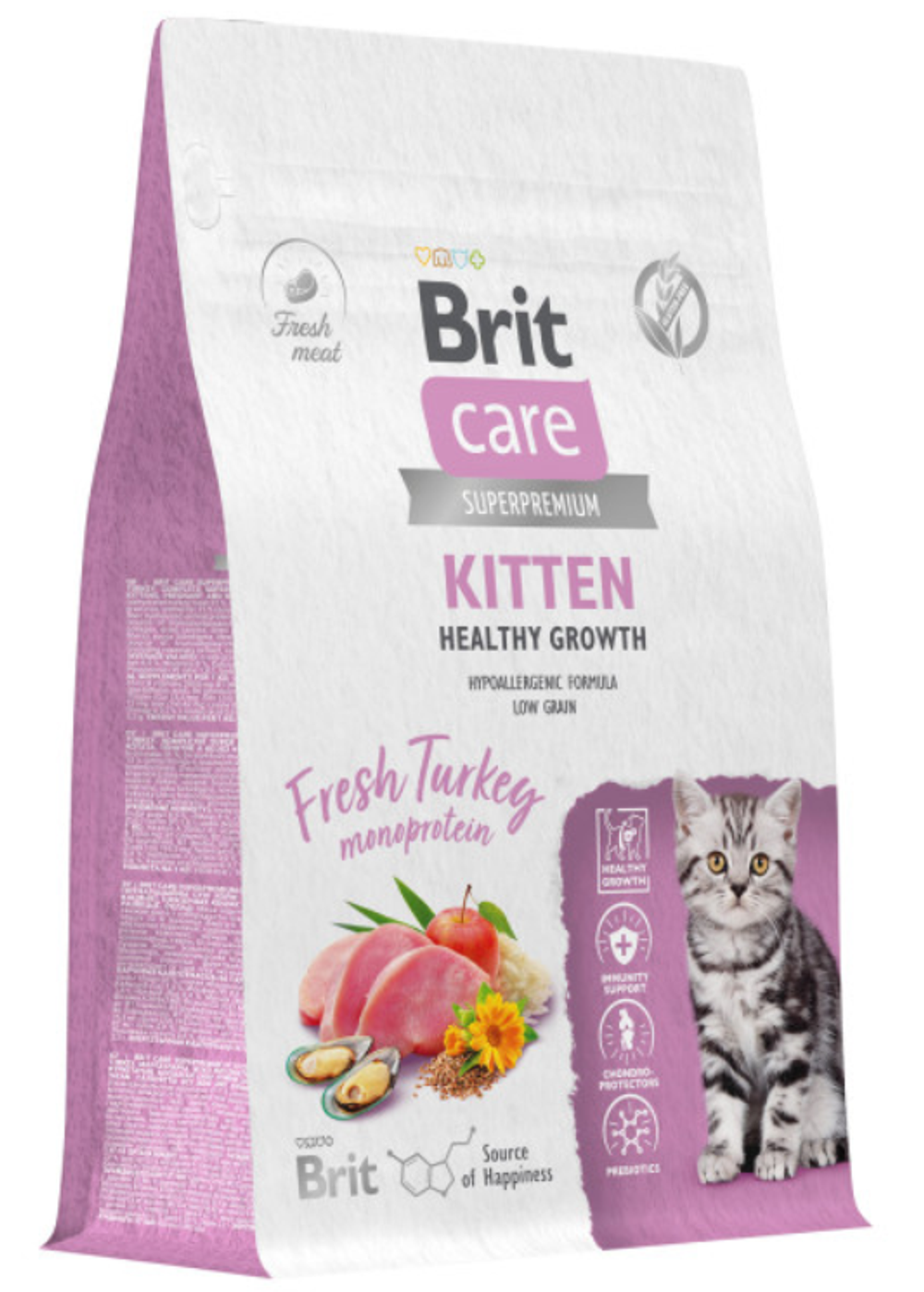 BRIT CARE, Сухой корм с индейкой д/котят, бер.и корм.кош "Cat Kitten Healthy Growth", 1.5кг,