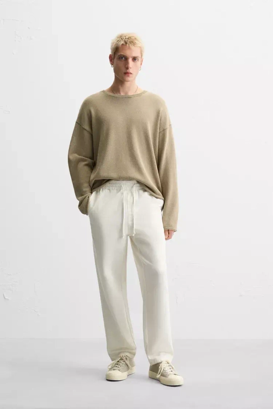 ZARA БРЮКИ ИЗ ХЛОПКА И ЛЬНА, КАМЕННО-СЕРЫЙ