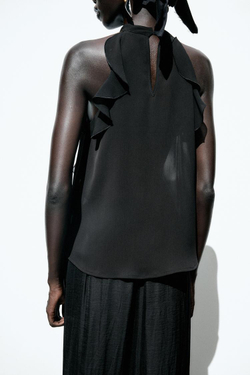 ZARA ТОП С ГОРЛОВИНОЙ ХАЛТЕР И ВОЛАНАМИ, ЧЕРНЫЙ