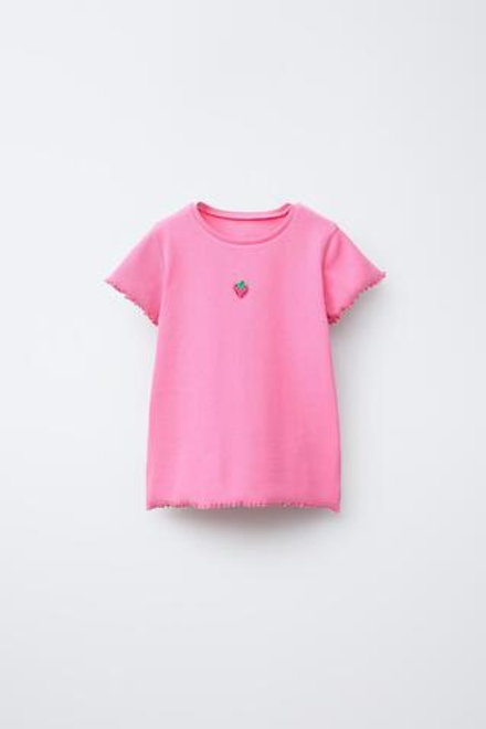 ZARA ФУТБОЛКА В РУБЧИК С ВЫШИВКОЙ, КОРАЛЛОВЫЙ