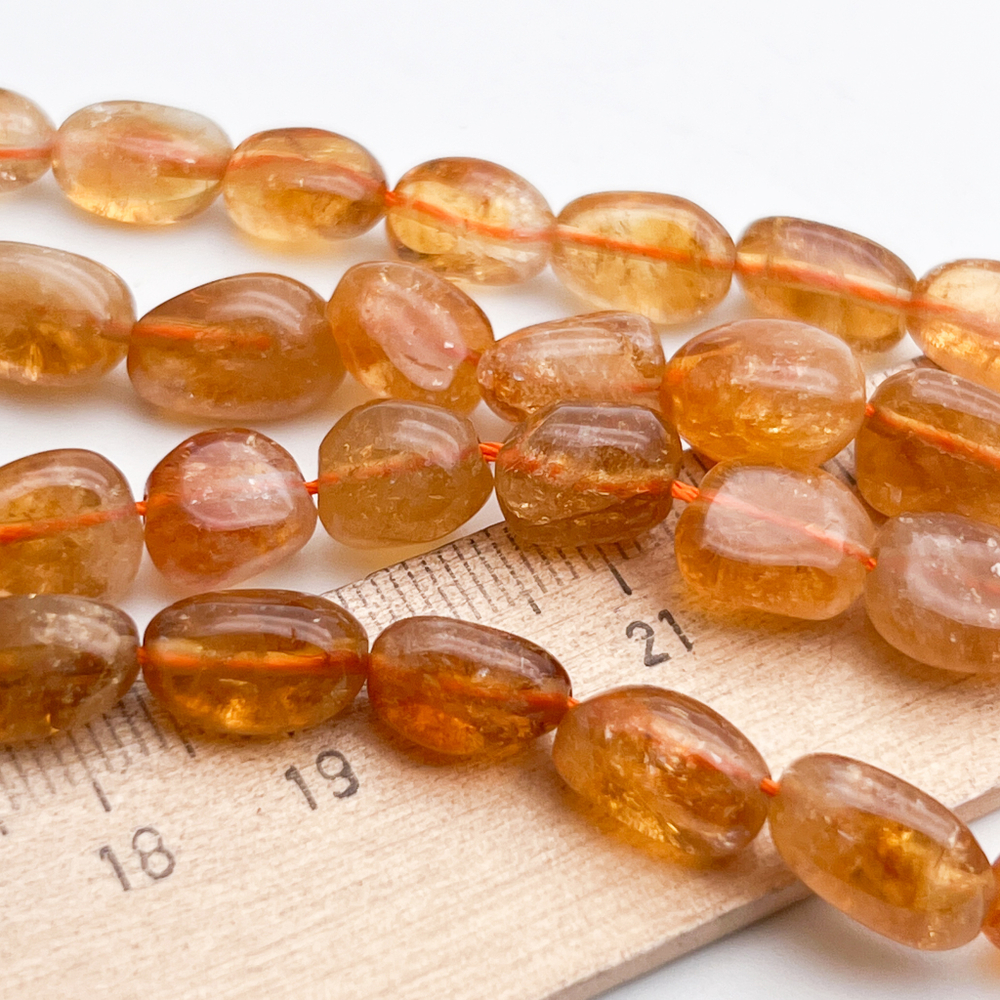 Кварц желтый бусины ("Цитрин"), фриформ, размер около 9-12 мм, цена за 9 шт (1/4 нити)