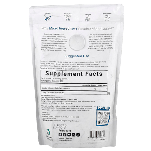 Micro Ingredients, Моногидрат креатина, без добавок, 500 г (1,1 фунта)