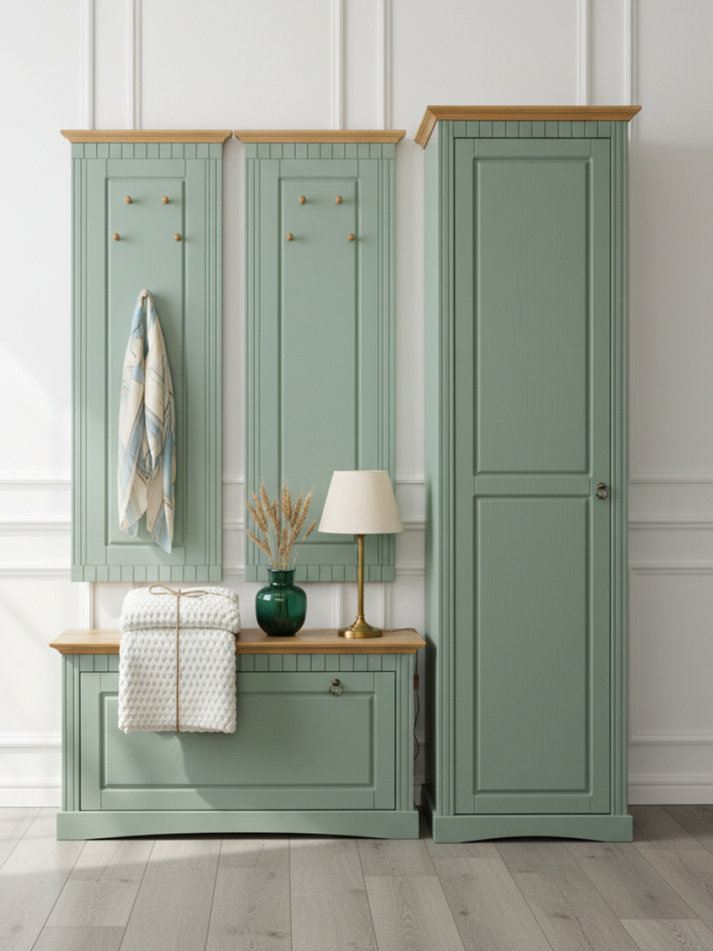 Скамья в прихожую Неаполь 93х50х39 см из массива сосны, деревянная обувница, эвкалипт антик