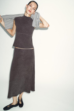 ZARA МЯГКИЙ ТОП С ВЫСОКИМ ВОРОТНИКОМ, КОРИЧНЕВЫЙ МЕЛАНЖ