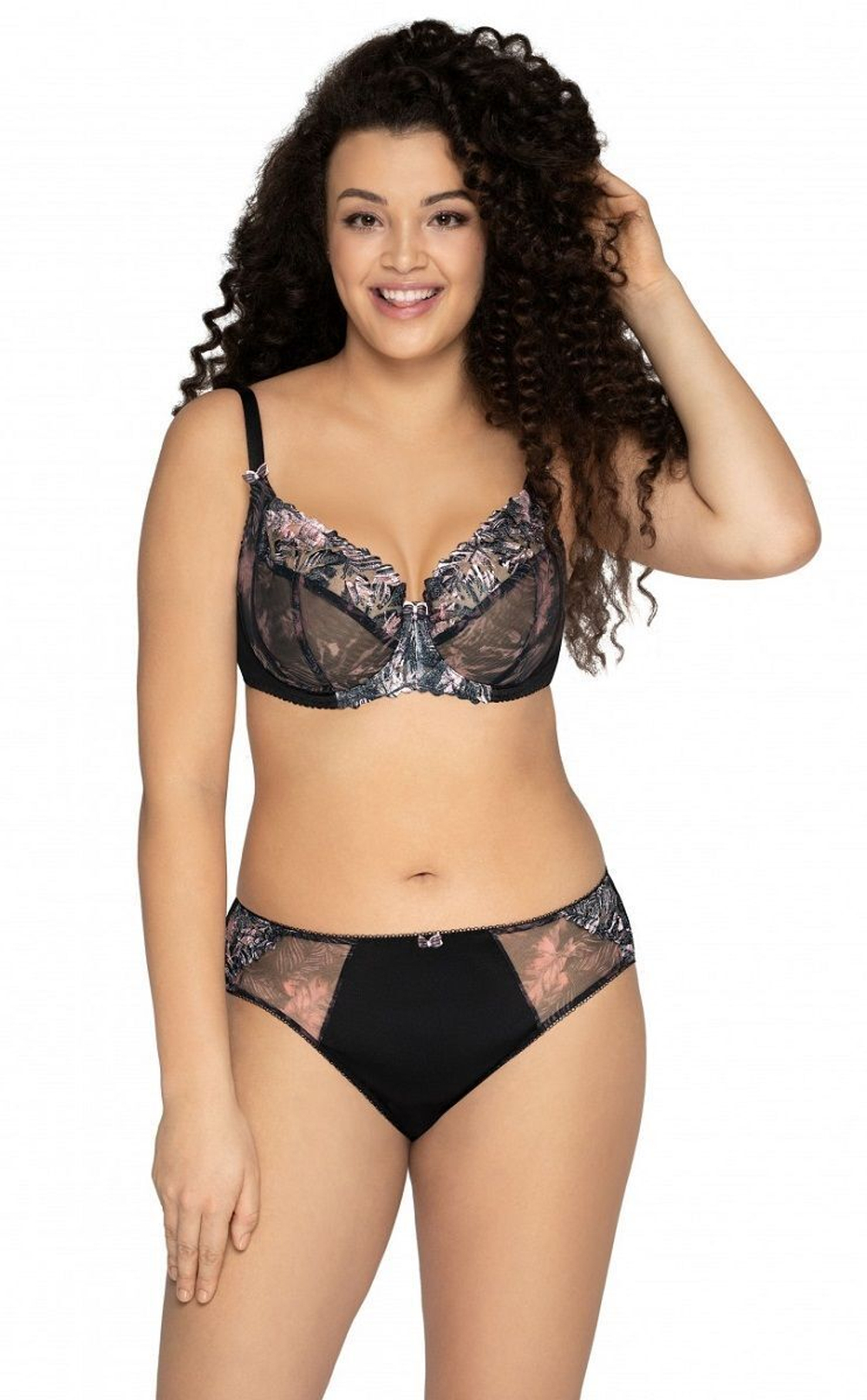 Бюстгальтер на косточках с трехцветной вышивкой на plus size чашках (Размер: 100F) (Цвет: черный)