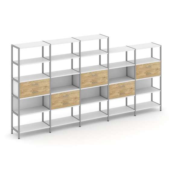 Shelf System Пятисекционный стеллаж пятиярусный с ящиками SN.STM-551 Белый/Тиквуд Светлый/Металл Сер
