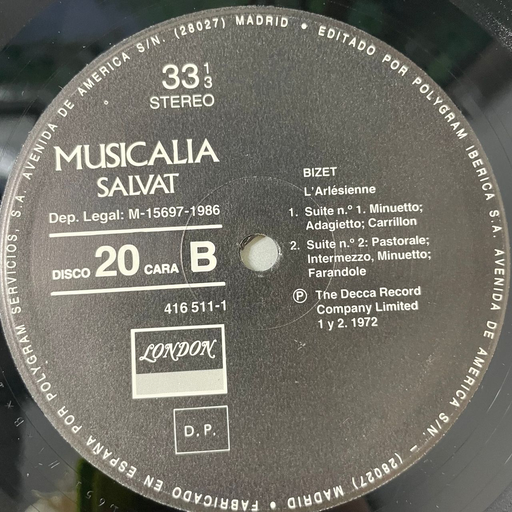 Винтажная виниловая пластинка LP Musicalia 20. Bizet Жорж Бизе (Испания 1986) Кармен, Арлезианка