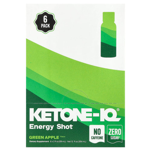 Ketone-IQ, Ketone-IQ®, Energy Shot, со вкусом зеленого яблока, без кофеина, 6 пакетиков по 59 мл (2 жидк. унции)