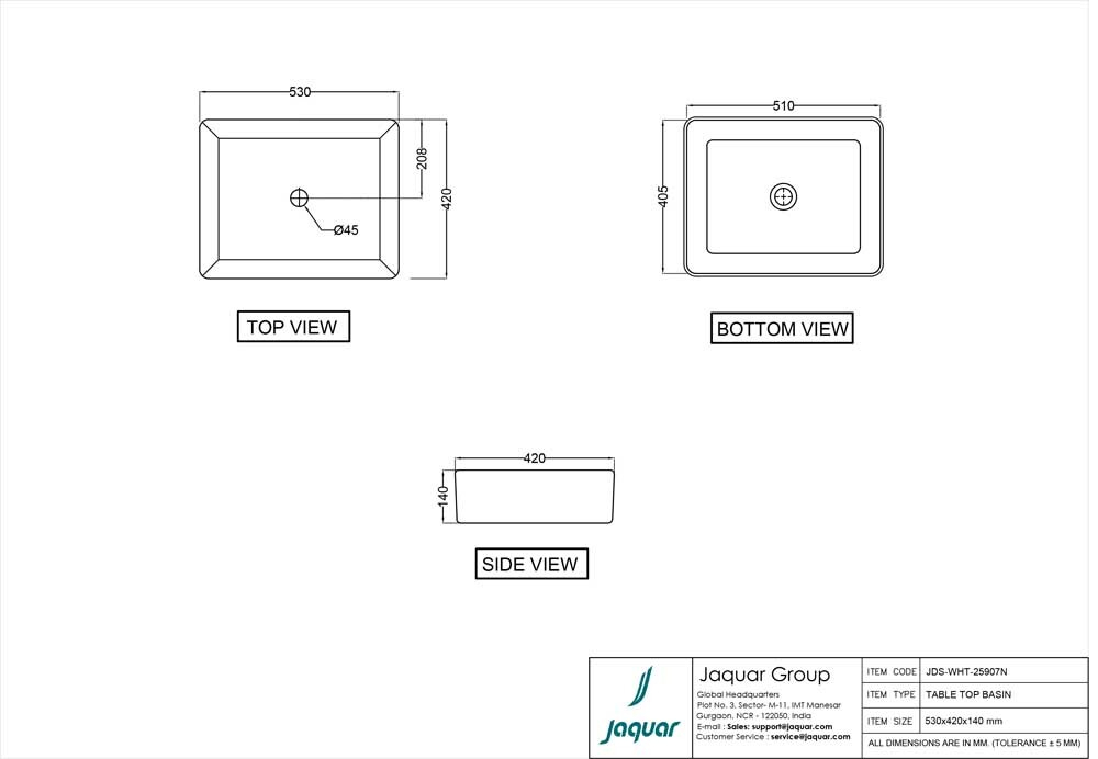 Jaquar, Раковина на столешн. JDR, 530х420, Белый JDS-WHT-25907N