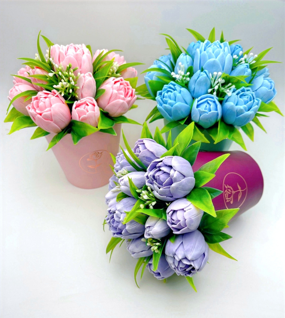 Комплект  "3 букета тюльпанов: фиолетовый, розовый, голубой»